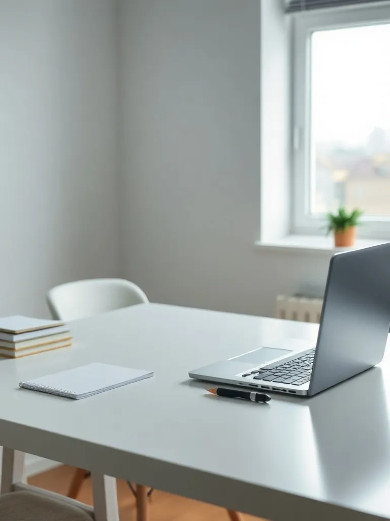A minimalist professional workspace with a clean desk, a sil