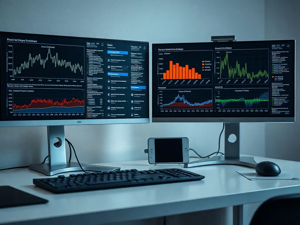 Close up of a clean workstation with two monitors showing co
