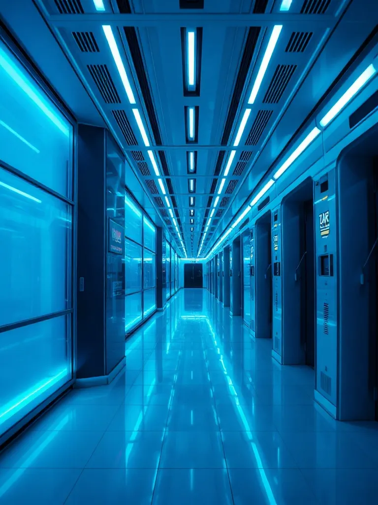 Futuristic clean technology corridor with blue lighting and