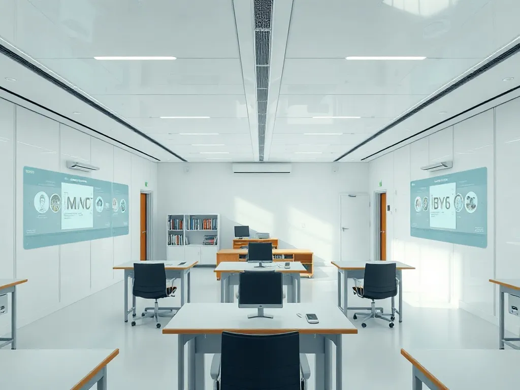 A minimalist, high-tech classroom setting with clean lines,